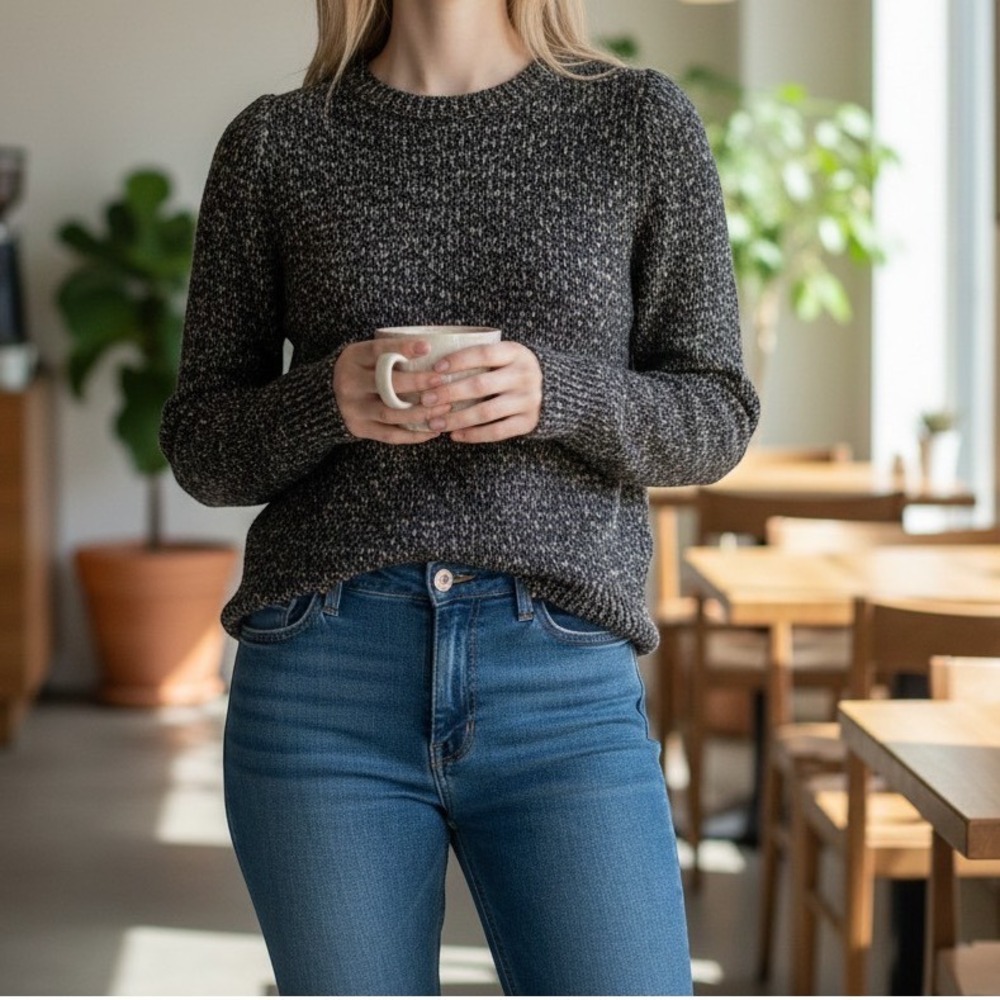 Eileen Fisher Black Tan Marled Cotton Linen Italian Yarn Crew Neck Sweater M